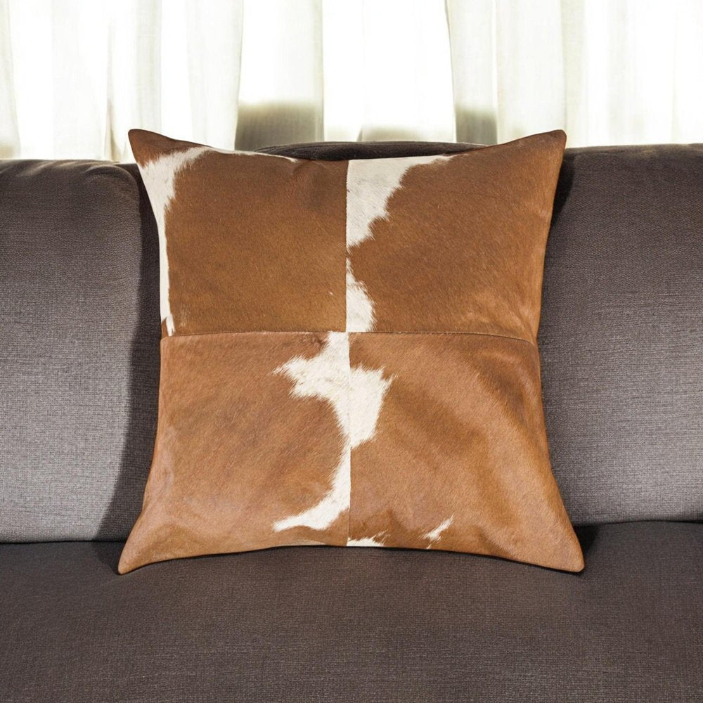 18" Light Brown Geometric Cowhide Throw Pillow