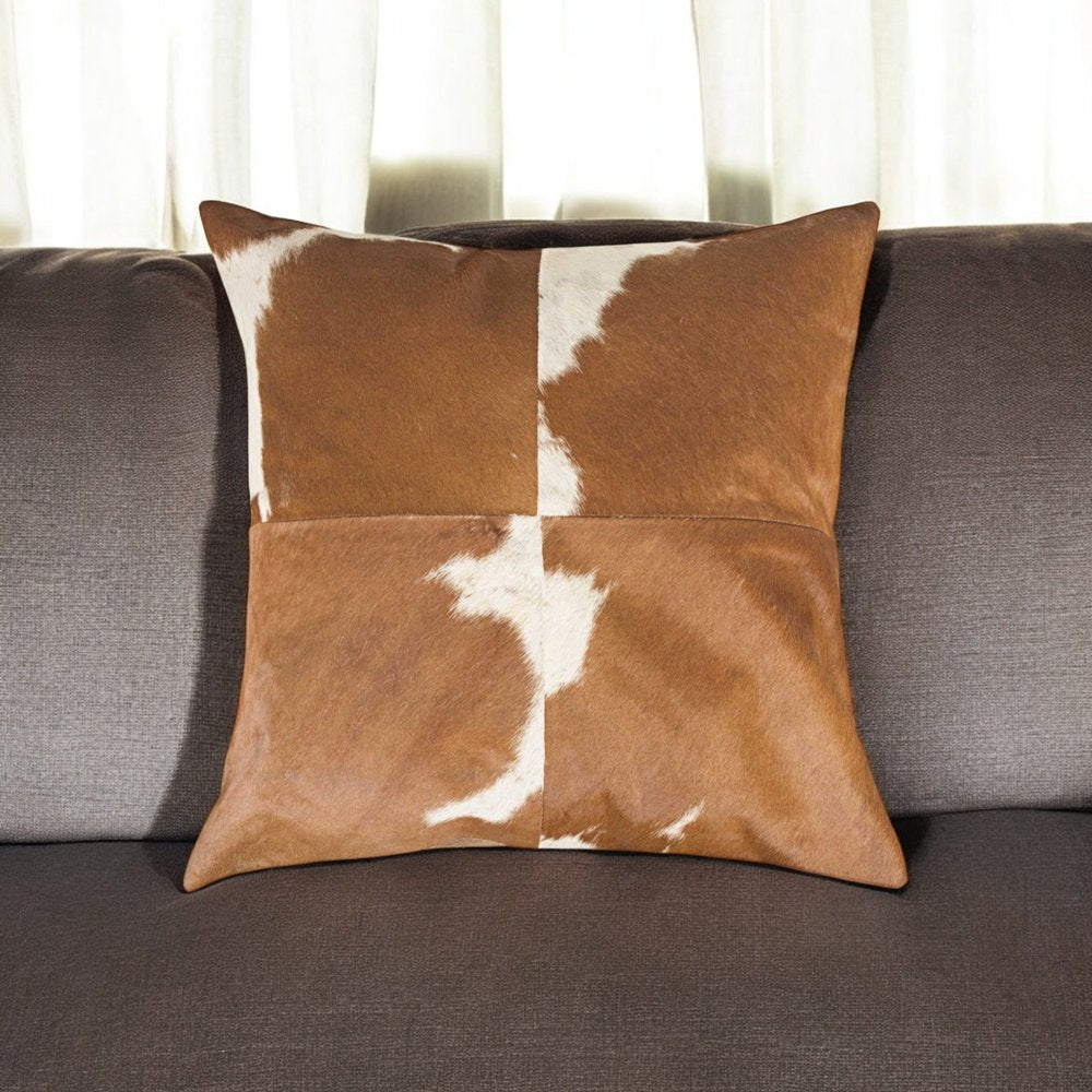 18" Brown And White Cowhide Throw Pillow