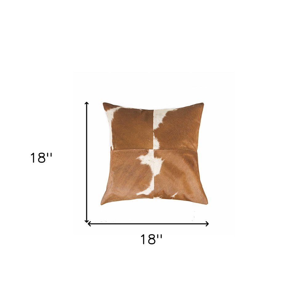 18" Brown And White Cowhide Throw Pillow