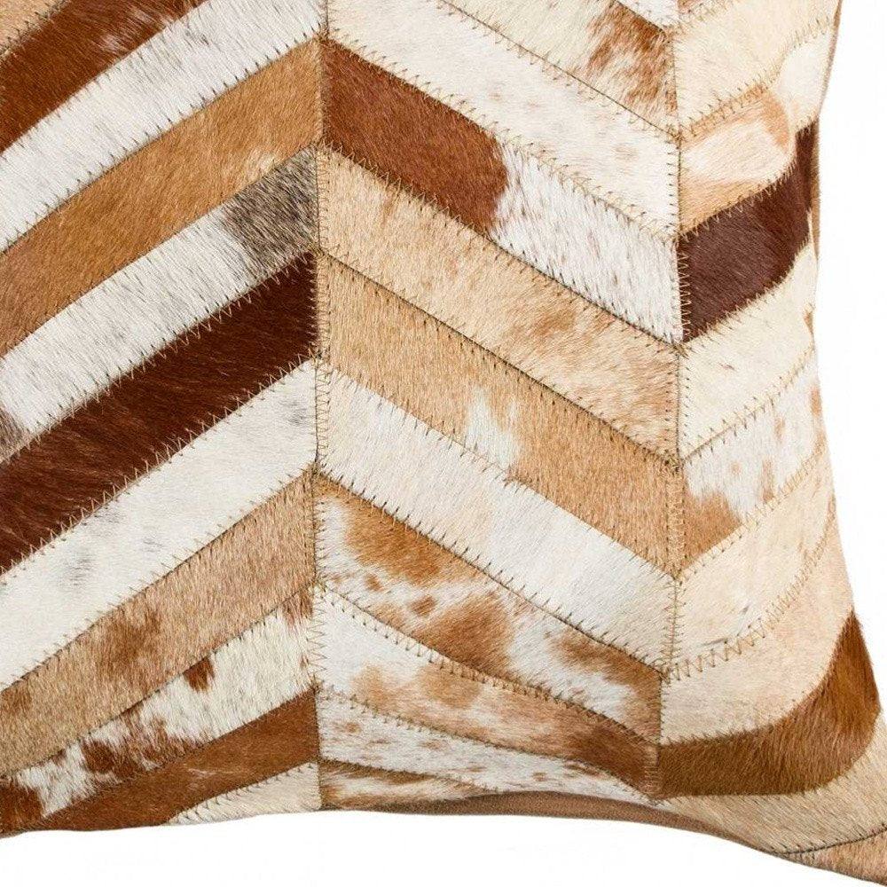 18" Brown And White Cowhide Throw Pillow