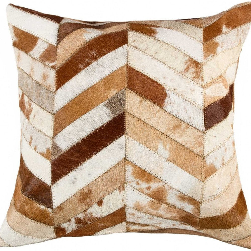 18" Brown And White Cowhide Throw Pillow