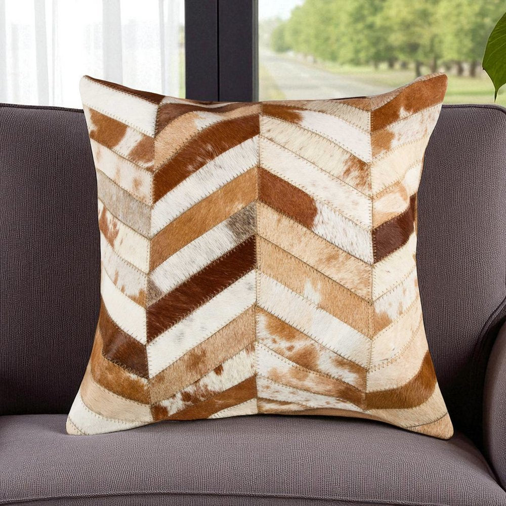 18" Brown And White Cowhide Throw Pillow
