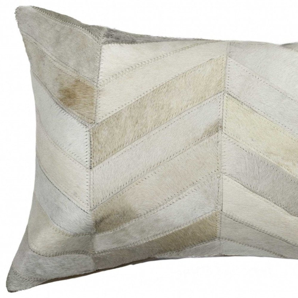 12" X 20" Gray and Brown Chevron Cowhide Throw Pillow