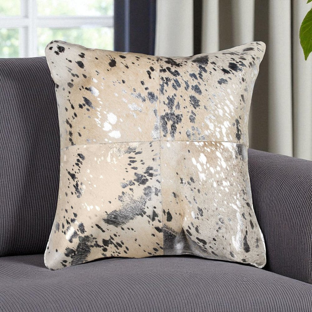 18" Silver And Gray Cowhide Throw Pillow
