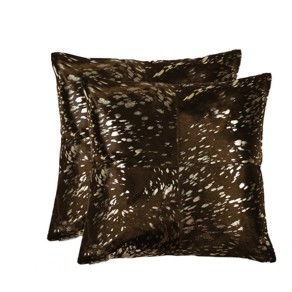 Set of Two 18" Chocolate And Gold Cowhide Throw Pillows