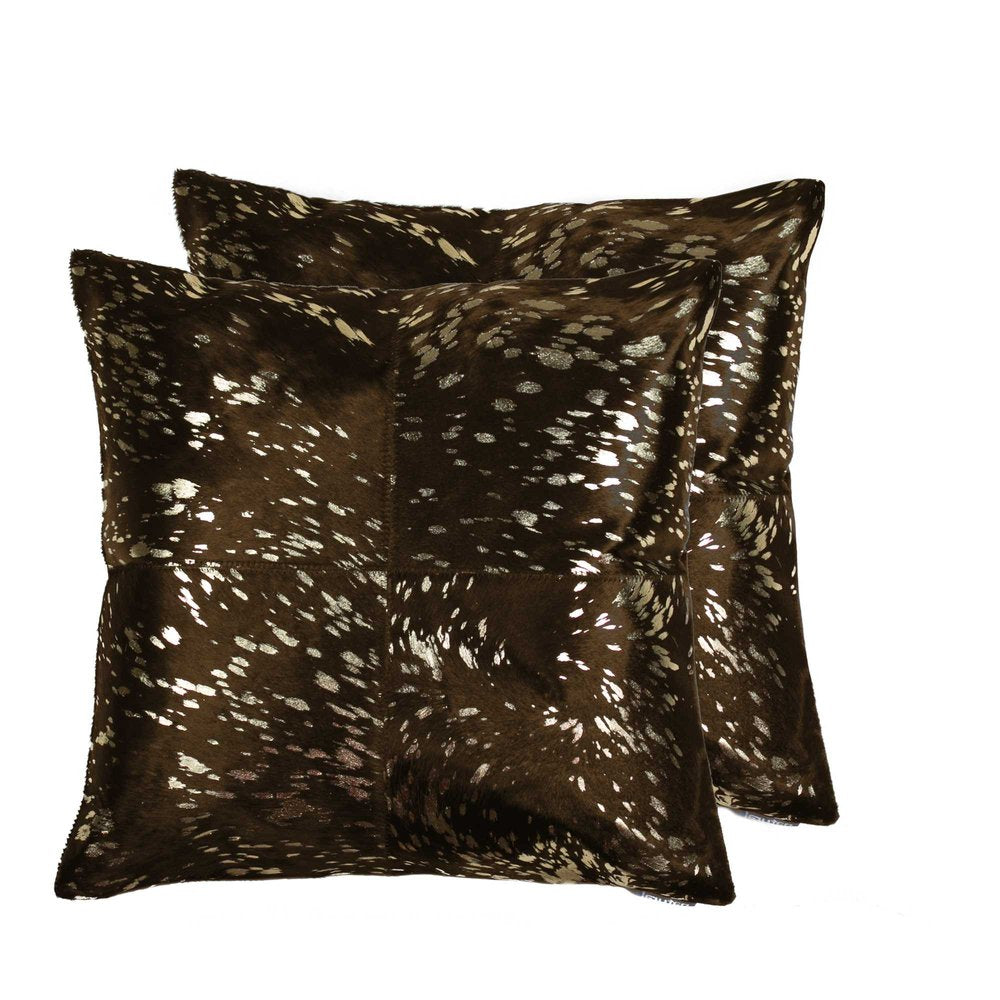 Set of Two 18" Chocolate And Gold Cowhide Throw Pillows