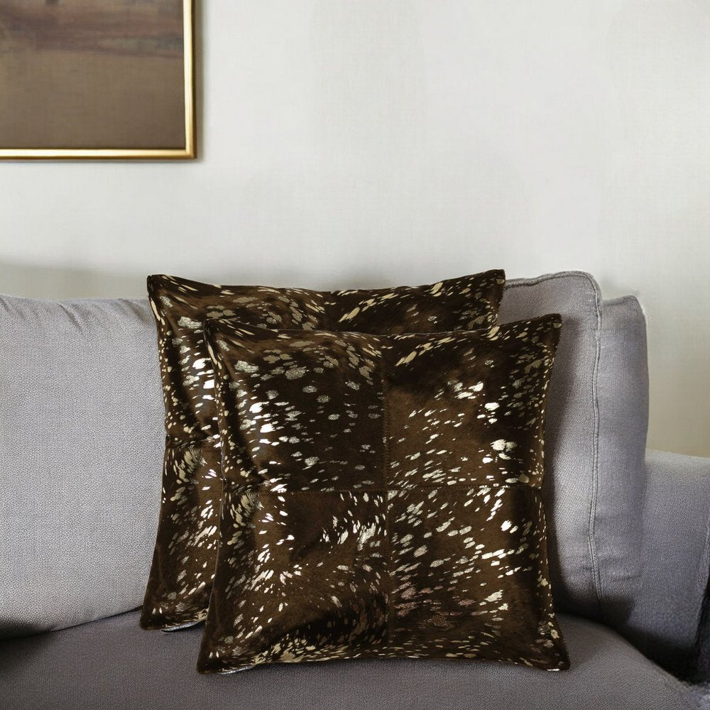 Set of Two 18" Chocolate And Gold Cowhide Throw Pillows