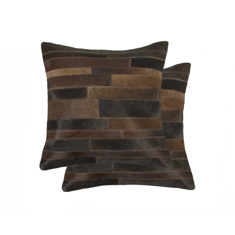 Set of Two 18" Chocolate And Gold Cowhide Throw Pillows