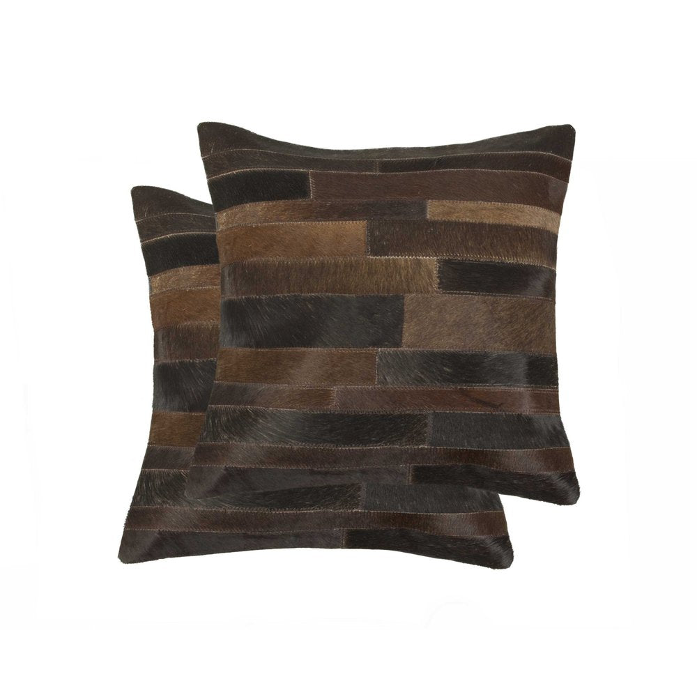 Set of Two 18" Chocolate And Gold Cowhide Throw Pillows