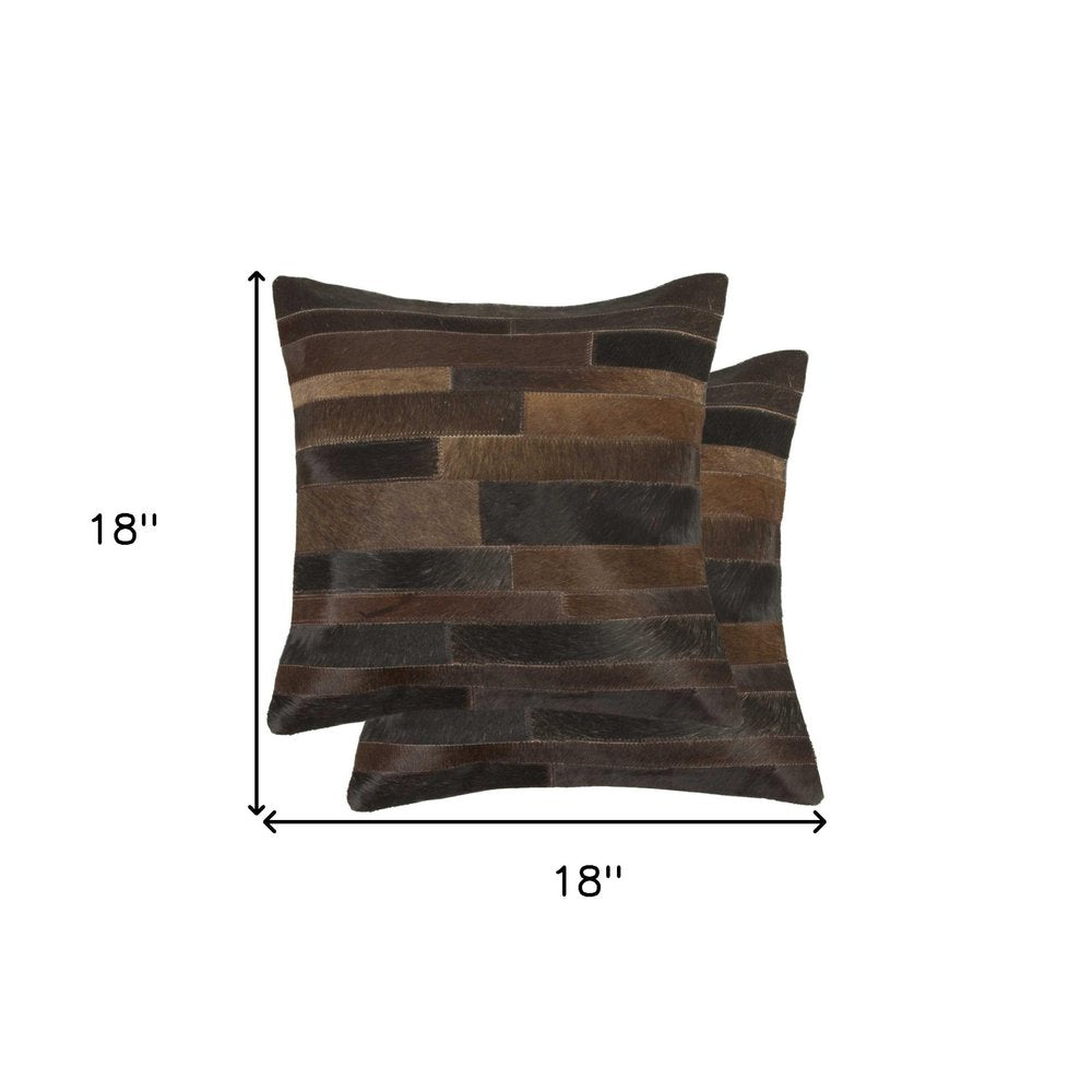 Set of Two 18" Chocolate And Gold Cowhide Throw Pillows
