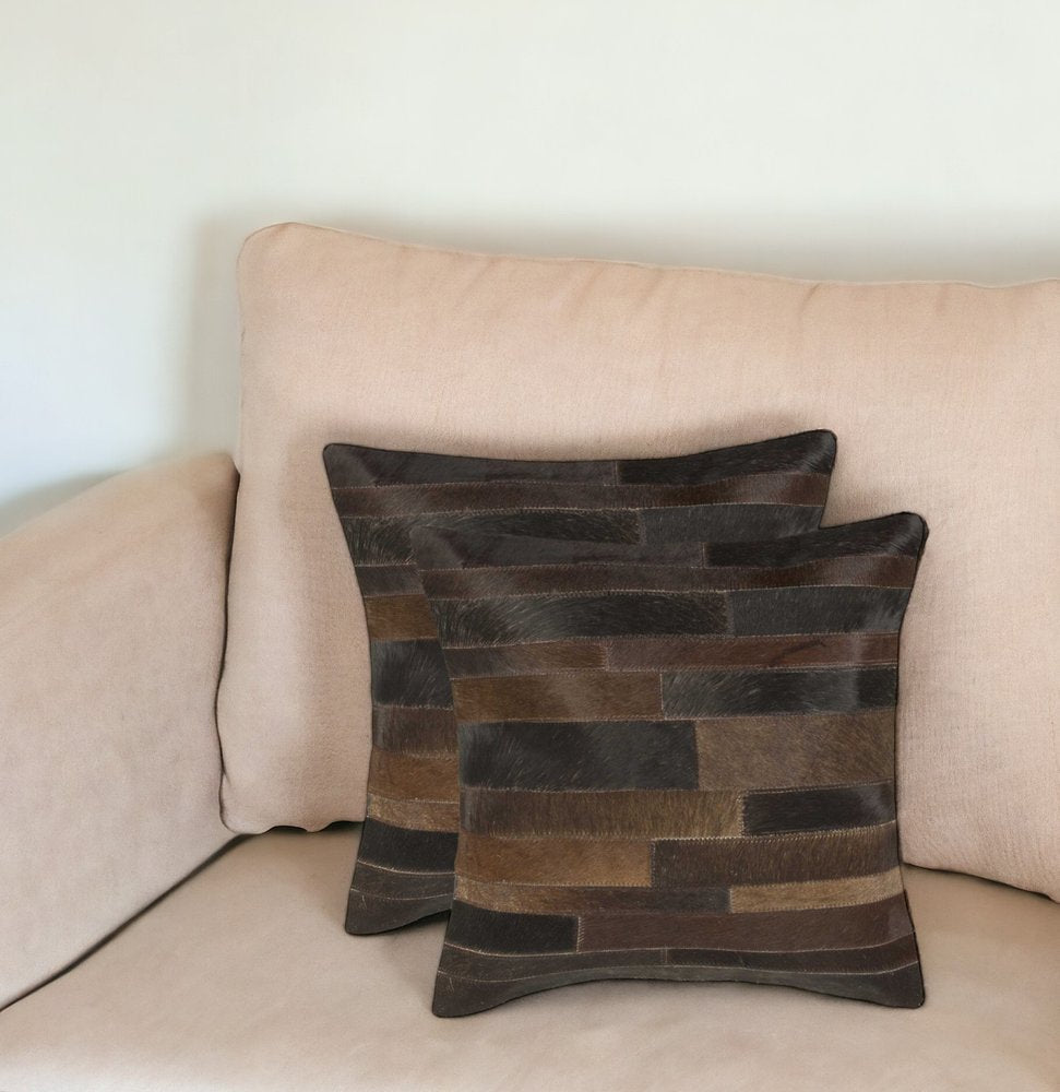 Set of Two 18" Chocolate And Gold Cowhide Throw Pillows