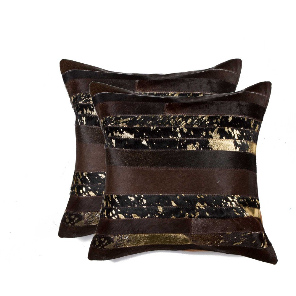 Set of Two 18" Chocolate And Gold Cowhide Throw Pillows