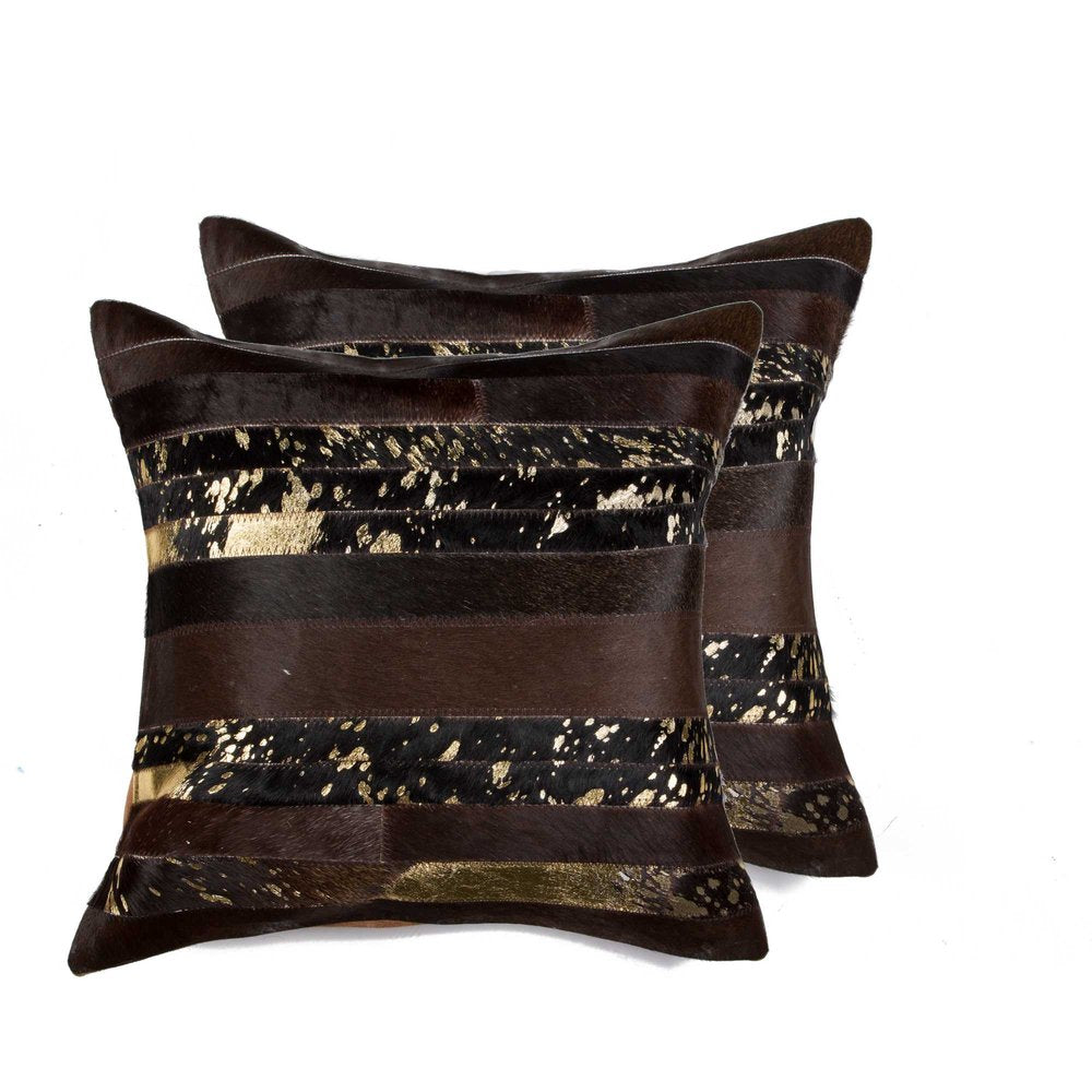 Set of Two 18" Chocolate And Gold Cowhide Throw Pillows