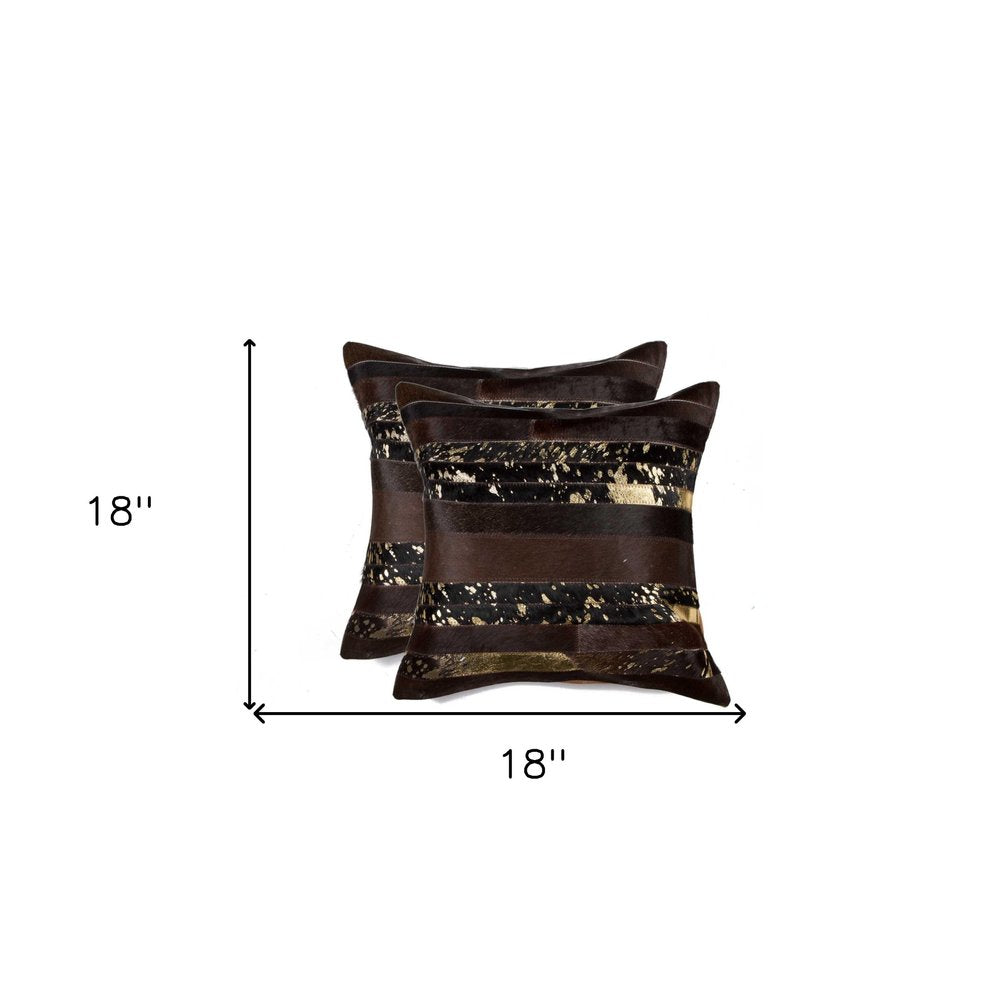 Set of Two 18" Chocolate And Gold Cowhide Throw Pillows