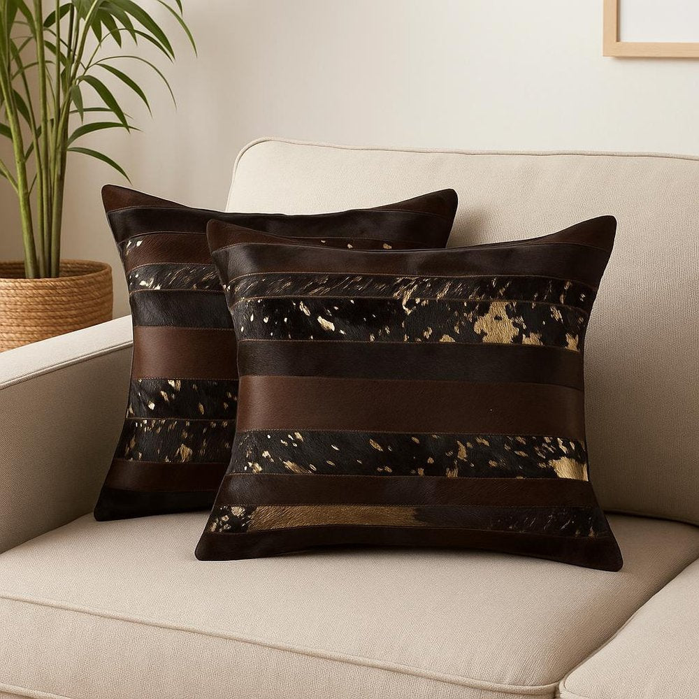 Set of Two 18" Chocolate And Gold Cowhide Throw Pillows