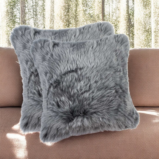 Set of Two 18" Gray Cowhide Throw Pillows