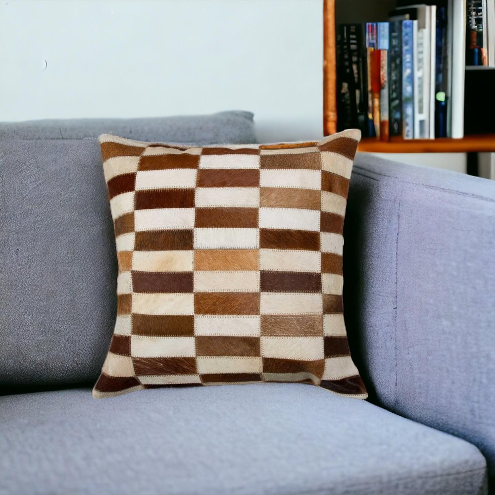 18" Brown and White Cowhide Throw Pillow