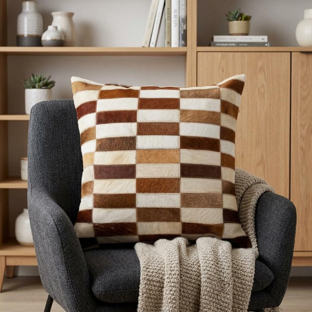 18" Brown and White Cowhide Throw Pillow
