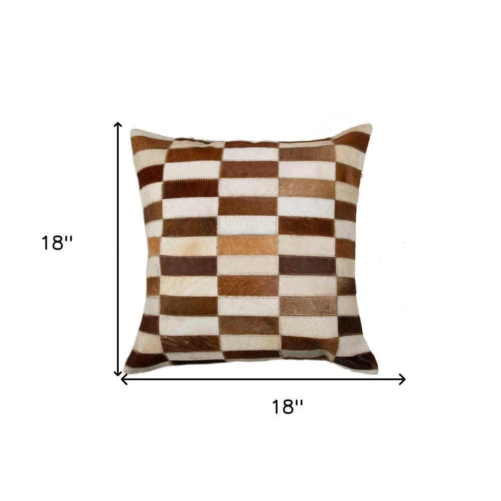 18" Brown and White Cowhide Throw Pillow