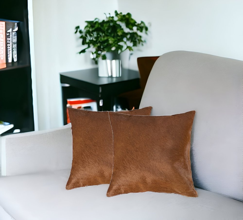 Set of Two 18" Chocolate And Gold Cowhide Throw Pillows