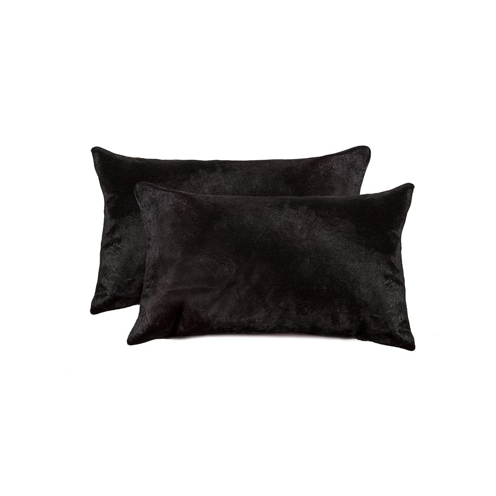Set of Two 12" X 20" Black Cowhide Throw Pillows