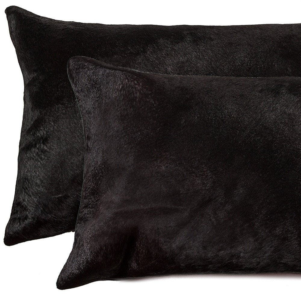 Set of Two 12" X 20" Black Cowhide Throw Pillows