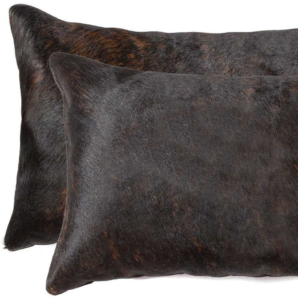 Set of Two 12" X 20" Black Cowhide Throw Pillows