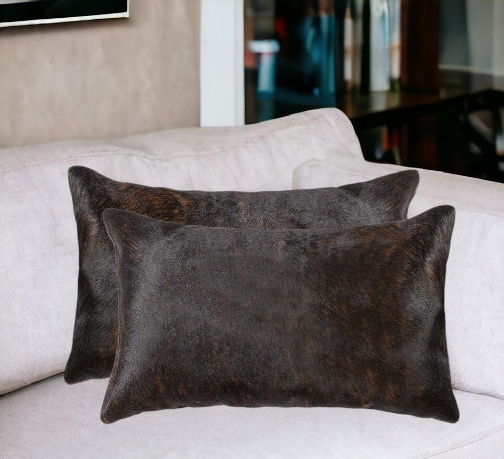 Set of Two 12" X 20" Black Cowhide Throw Pillows