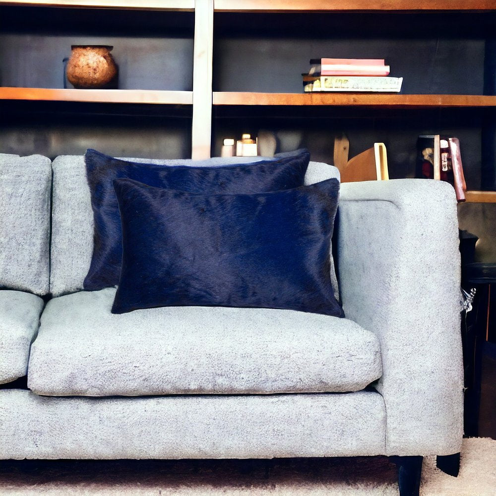 Set of Two 12" X 20" Black Cowhide Throw Pillows