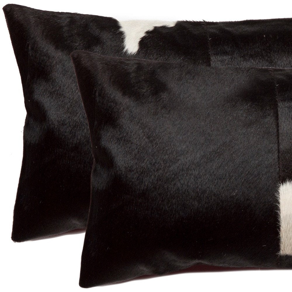 Set of Two 12" X 20" Black Cowhide Throw Pillows