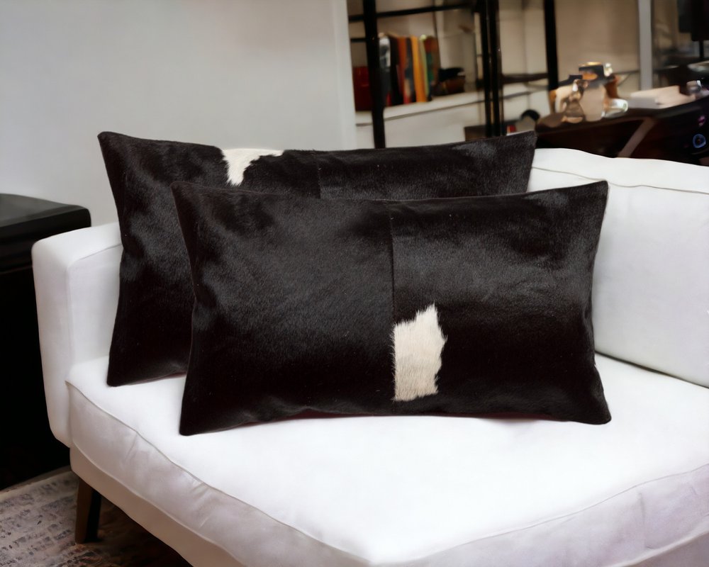 Set of Two 12" X 20" Black Cowhide Throw Pillows