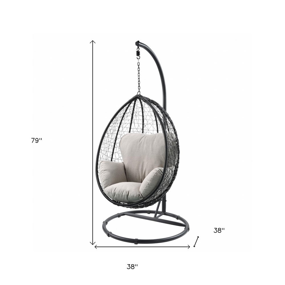 38" Black Metal Swing Chair With Beige Cushion