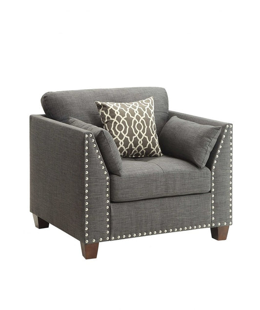 34" Charcoal and Brown Linen Arm Chair And Toss Pillows
