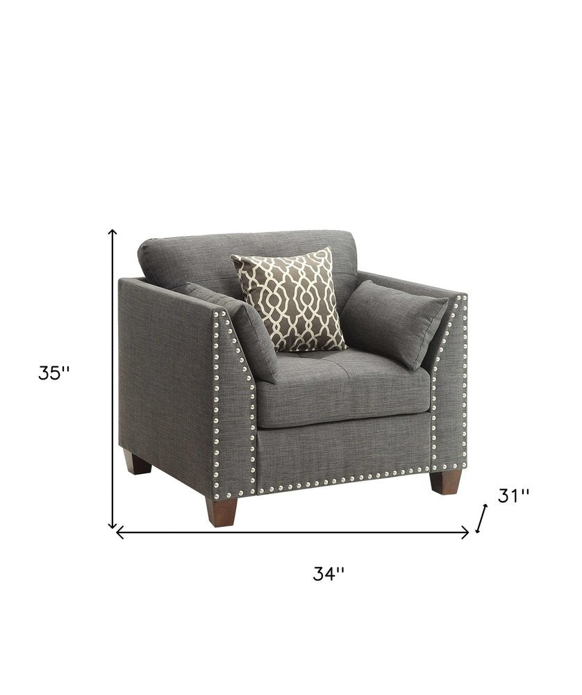 34" Charcoal and Brown Linen Arm Chair And Toss Pillows