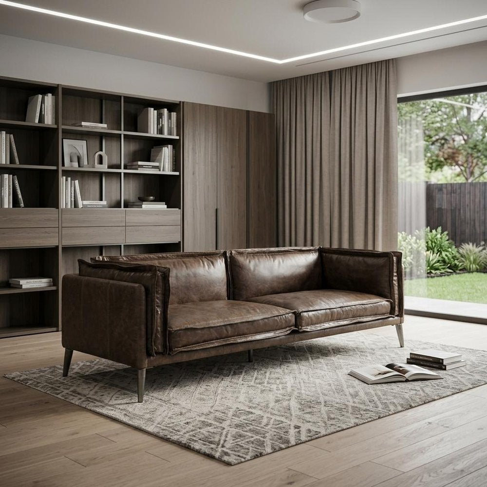 94" Chocolate Top Grain Leather Sofa With Dark Brown Legs