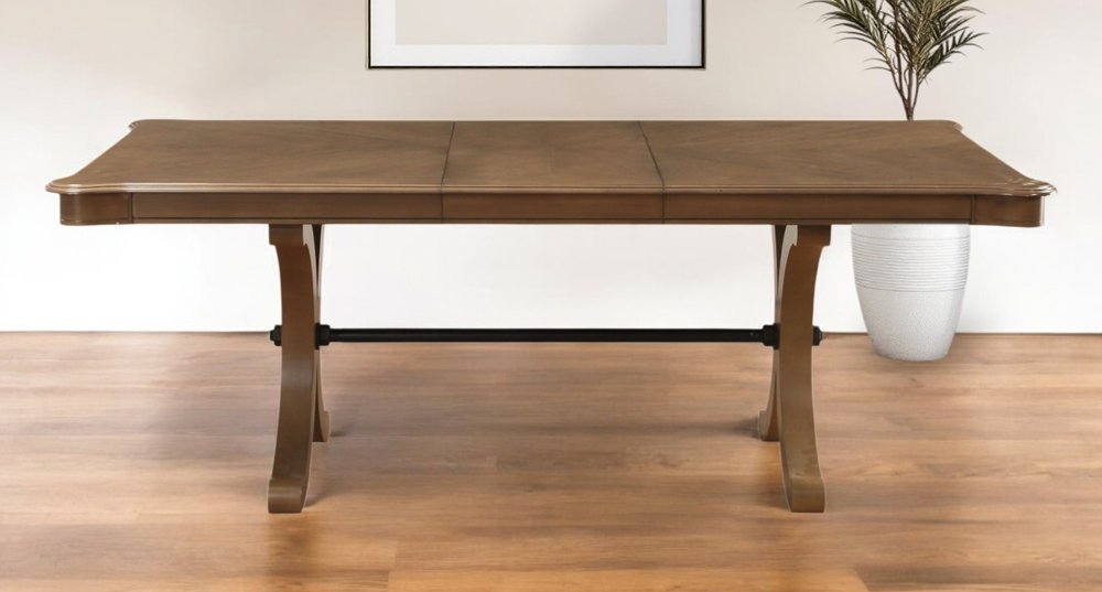 64" Brown Solid Wood Removable Leaf Trestle Base Dining Table
