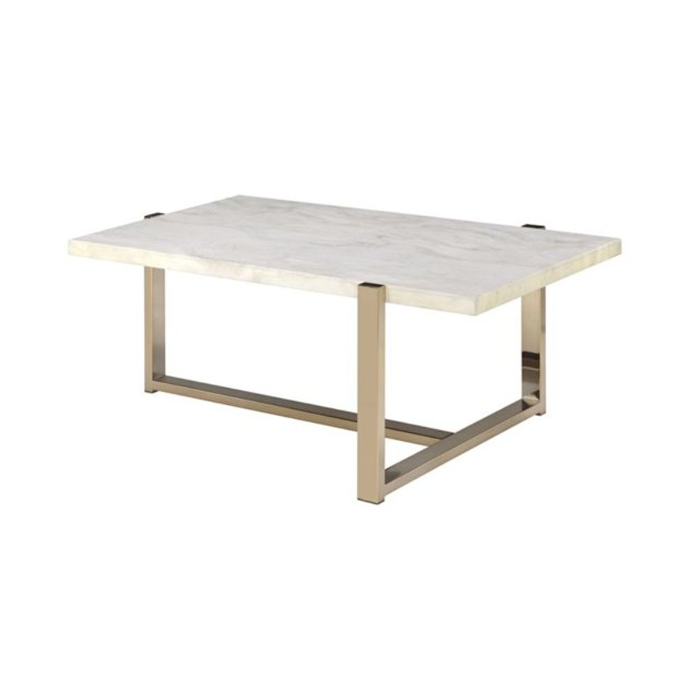 43" White and Gold Faux Marble And Iron Frame Coffee Table