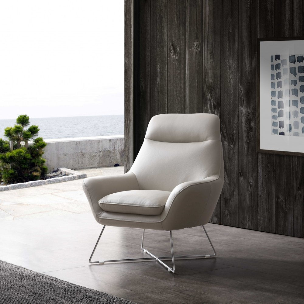 33" Light Gray and Silver Italian Leather Tufted Arm Chair