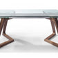 63" Clear and Brown Glass and Solid Wood Self-Storing Leaf Dining Table
