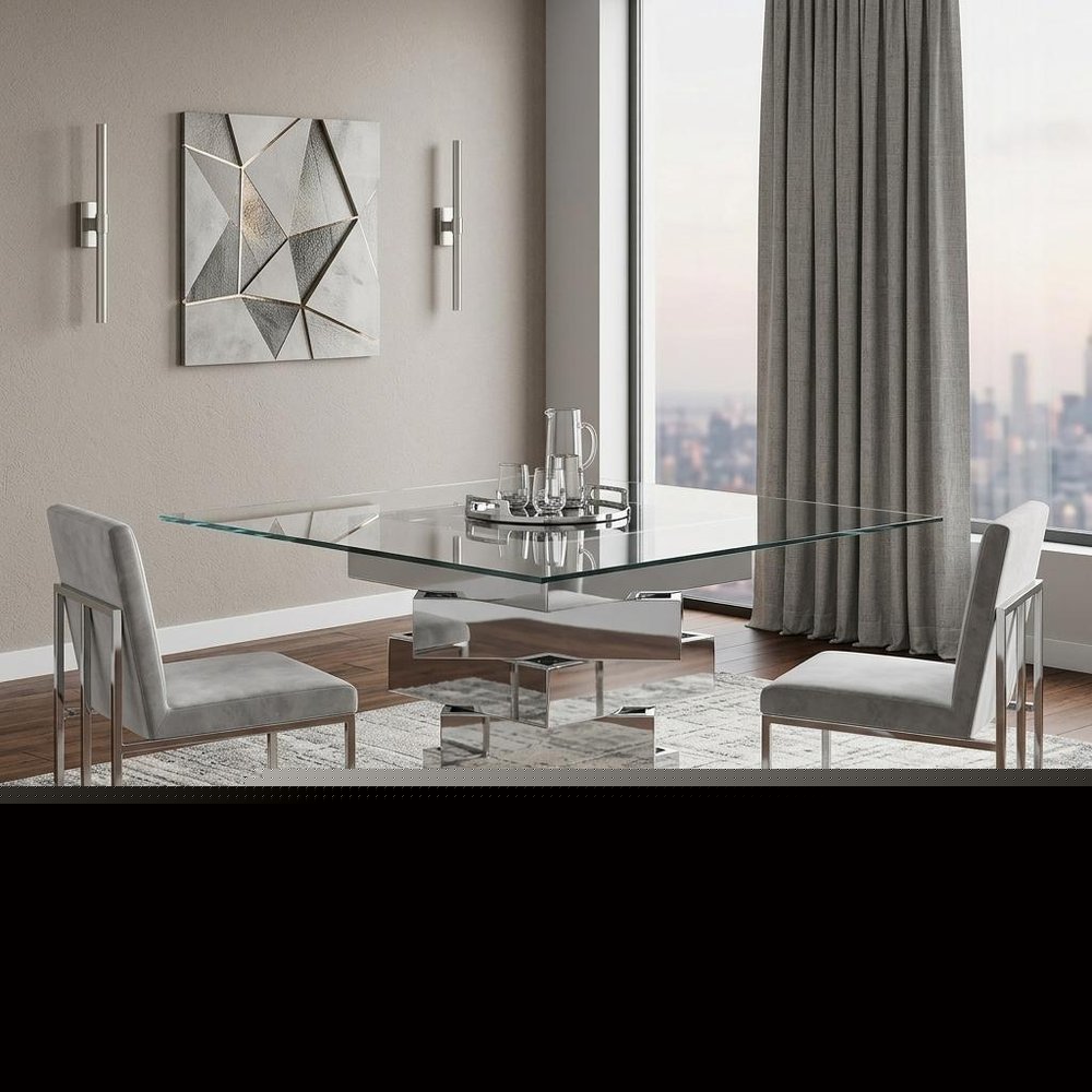 59" Clear And Gray Square Glass And Solid Wood Pedestal Base Dining Table