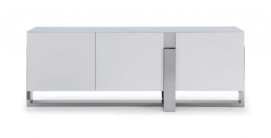91" White Glass and Stainless Steel Frame Console Table