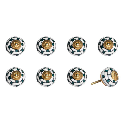 Set of Eight Green White And Gold Geometric Ceramic Drawer Pull Knobs