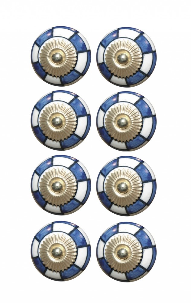 Set of Eight Blue White And Gold Geometric Ceramic Drawer Pull Knobs