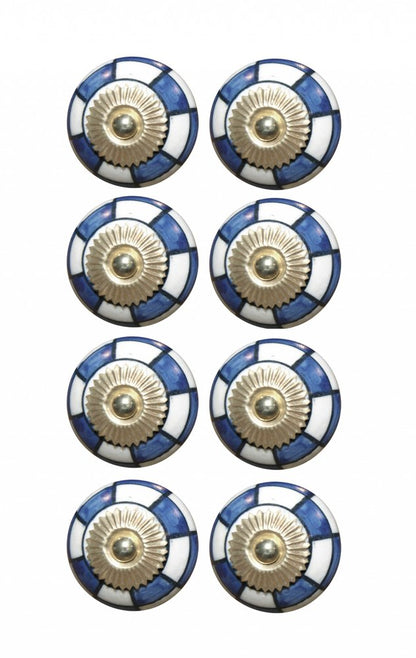 Set of Eight Blue White And Gold Geometric Ceramic Drawer Pull Knobs