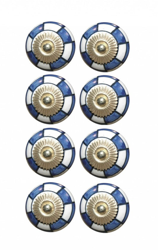 Set of Eight Blue White And Gold Geometric Ceramic Drawer Pull Knobs