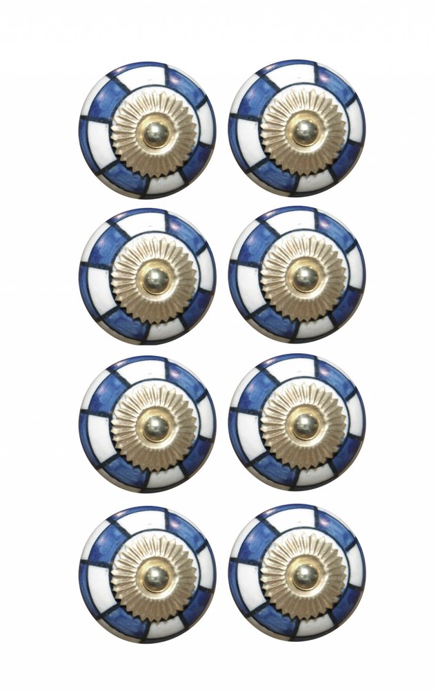 Set of Eight Blue White And Gold Geometric Ceramic Drawer Pull Knobs