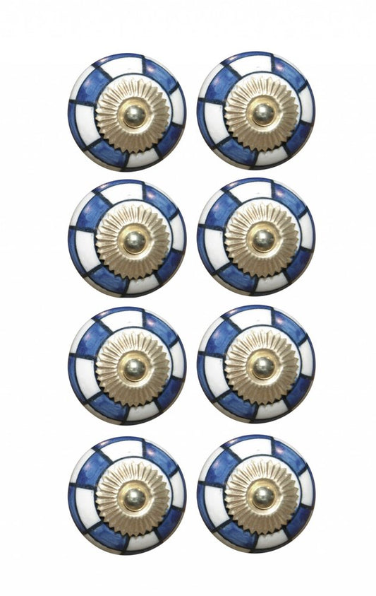 Set of Eight Blue White And Gold Geometric Ceramic Drawer Pull Knobs