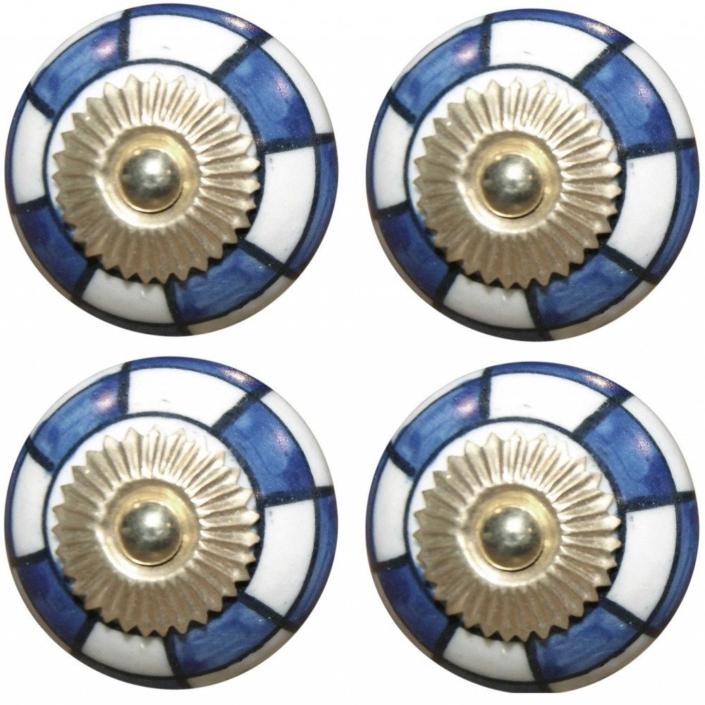 Set of Eight Blue White And Gold Geometric Ceramic Drawer Pull Knobs