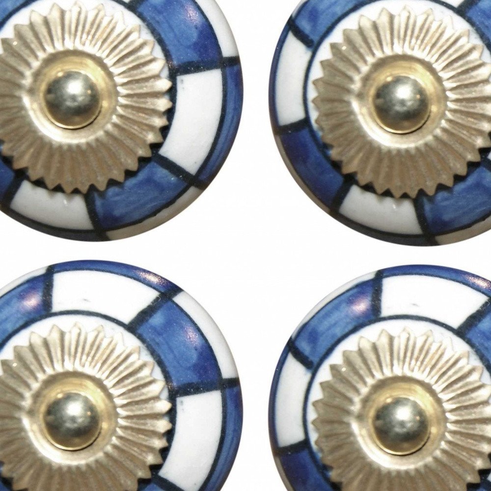Set of Eight Blue White And Gold Geometric Ceramic Drawer Pull Knobs