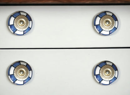 Set of Eight Blue White And Gold Geometric Ceramic Drawer Pull Knobs